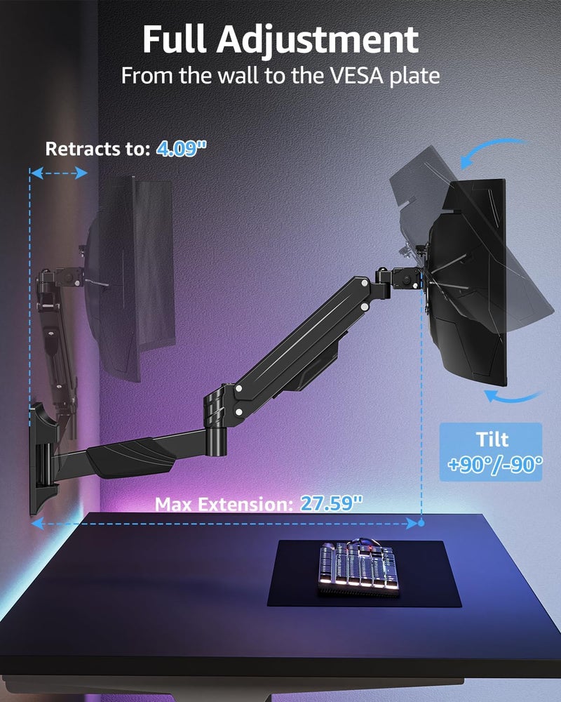 MOUNTUP Monitor Wall Mount for 22-43 Inch Curved Screens, Holds 2.2 to 33.1 lbs, Ultrawide Computer Monitor Wall Mount, Heavy Duty Wall Monitors Arm, 75x75 mm to 200x200 mm Vesa Mounts - Image 3